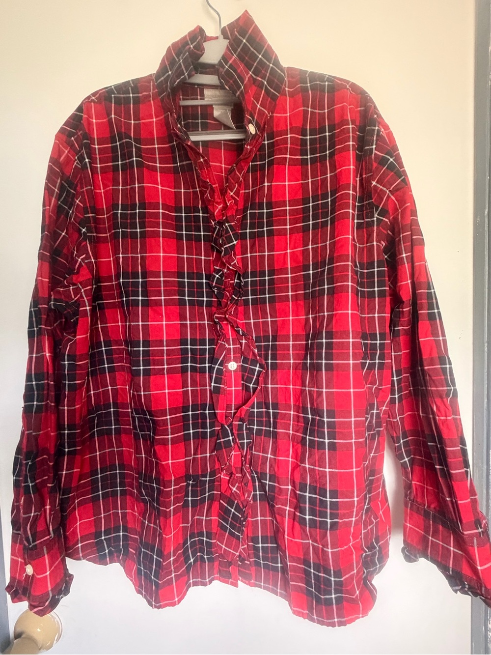 Sonoma Red and Black Plaid Button-Up Shirt with Ruffle Detail